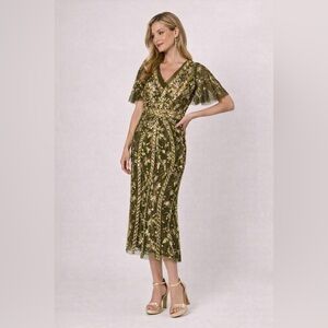 Adrianna Papell Olive Green Beaded Midi Dress Size 4 NWT